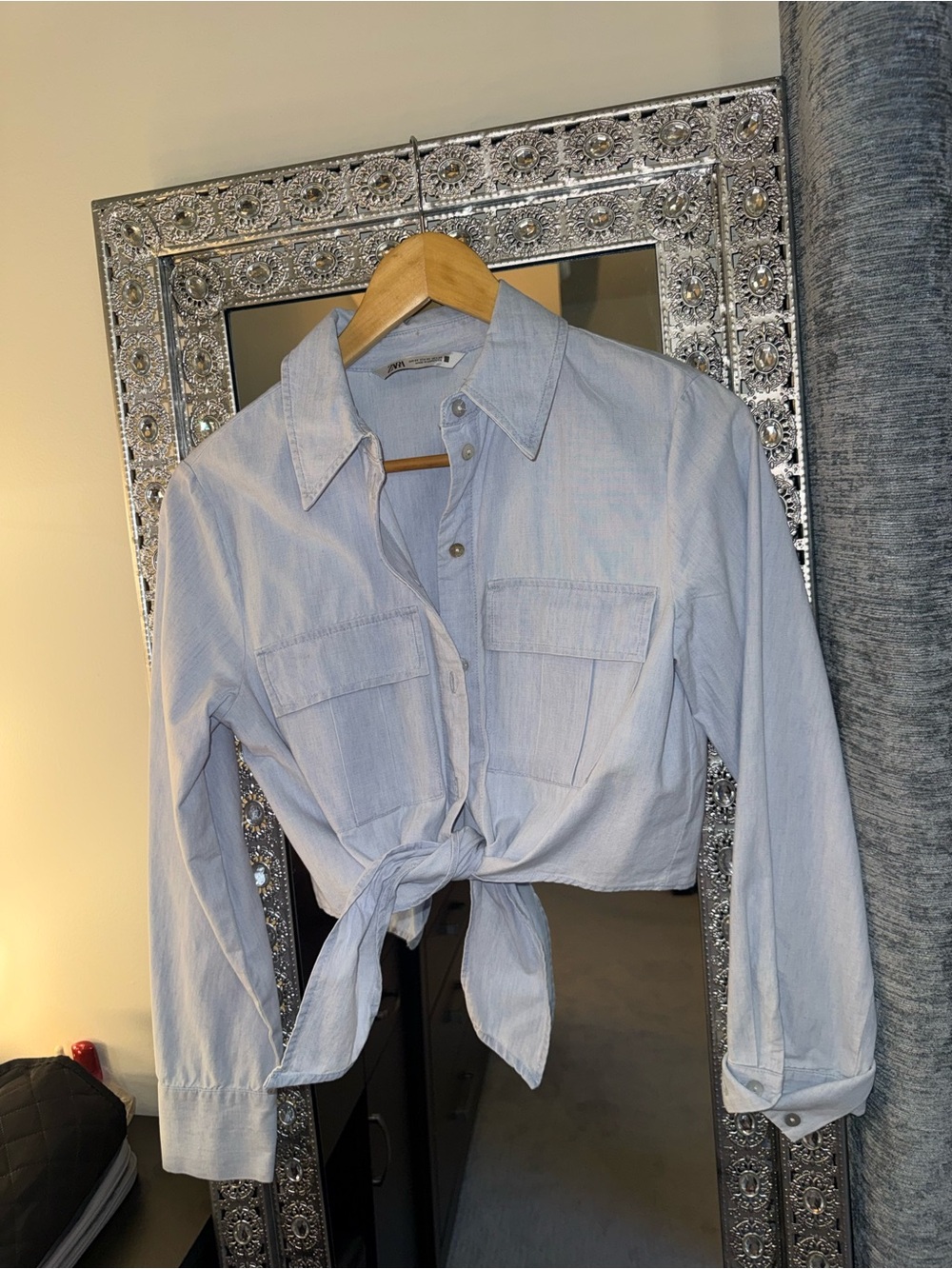 Zara Light Blue Button-Front Tie-Waist Shirt